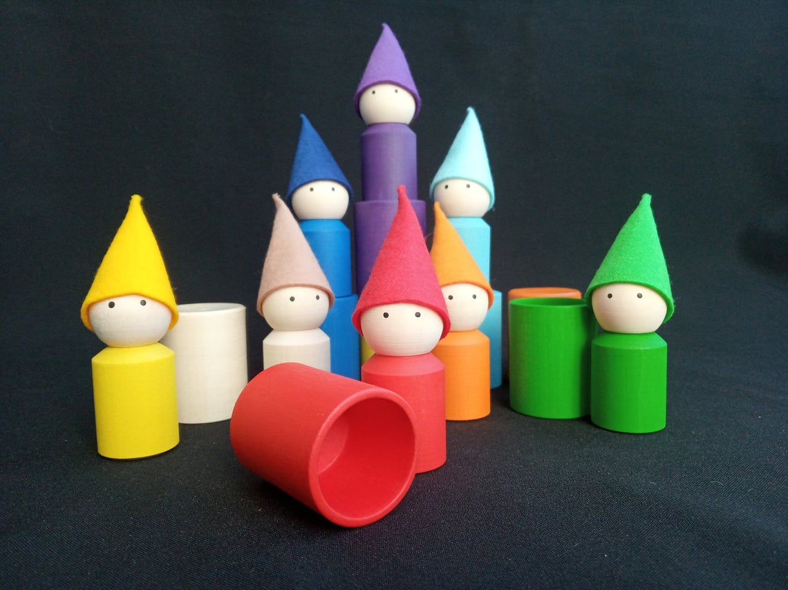 Linden wood peg dolls and rainbow sorting cups