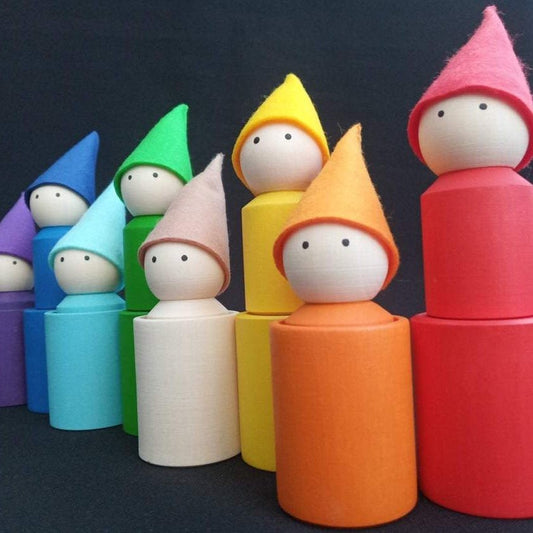Rainbow wooden peg dolls with hats and cups