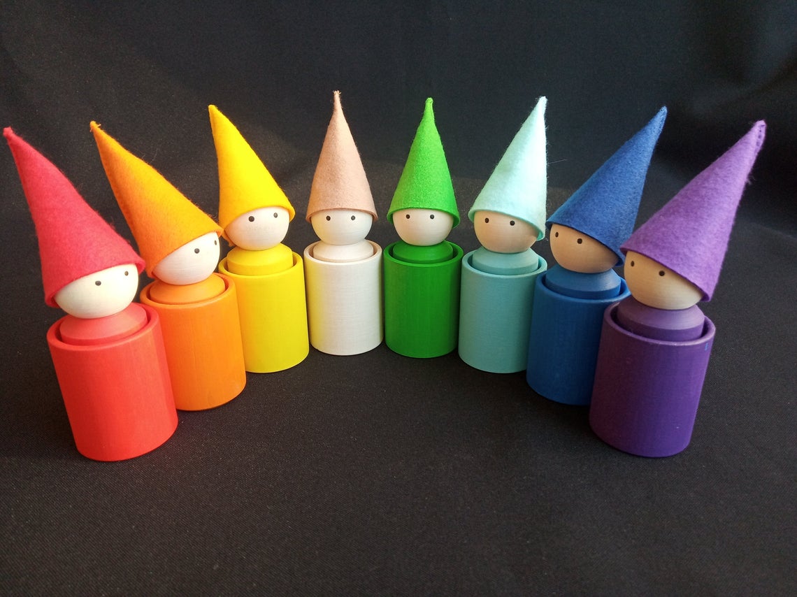 Linden wood peg dolls and rainbow sorting cups