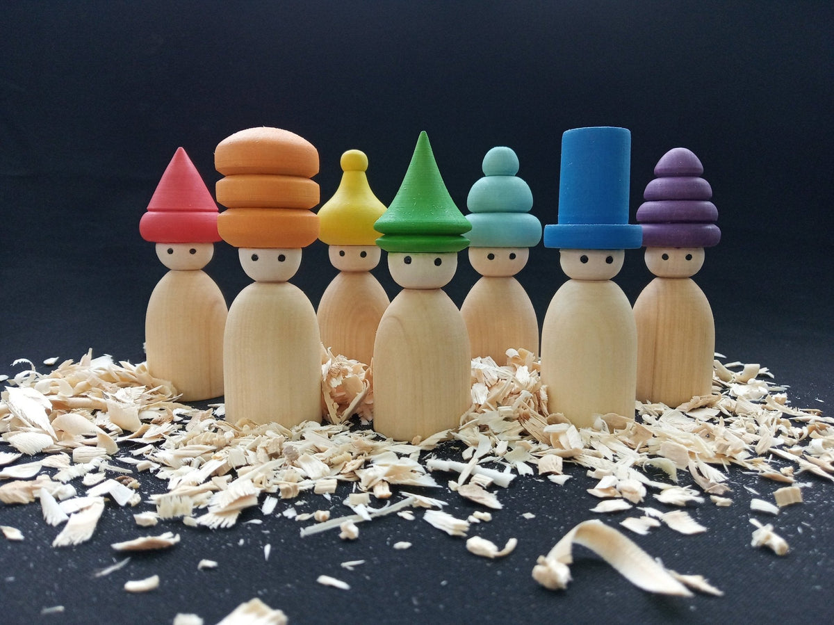 Rainbow wooden gnome peg doll set