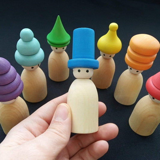 Rainbow linden wood peg dolls in hats