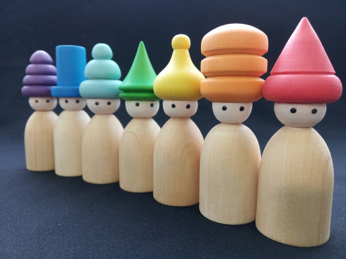 Rainbow linden wood peg dolls in hats