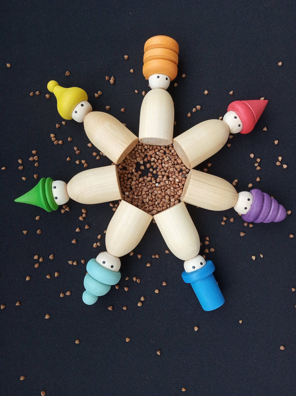 Rainbow wooden gnome peg doll set