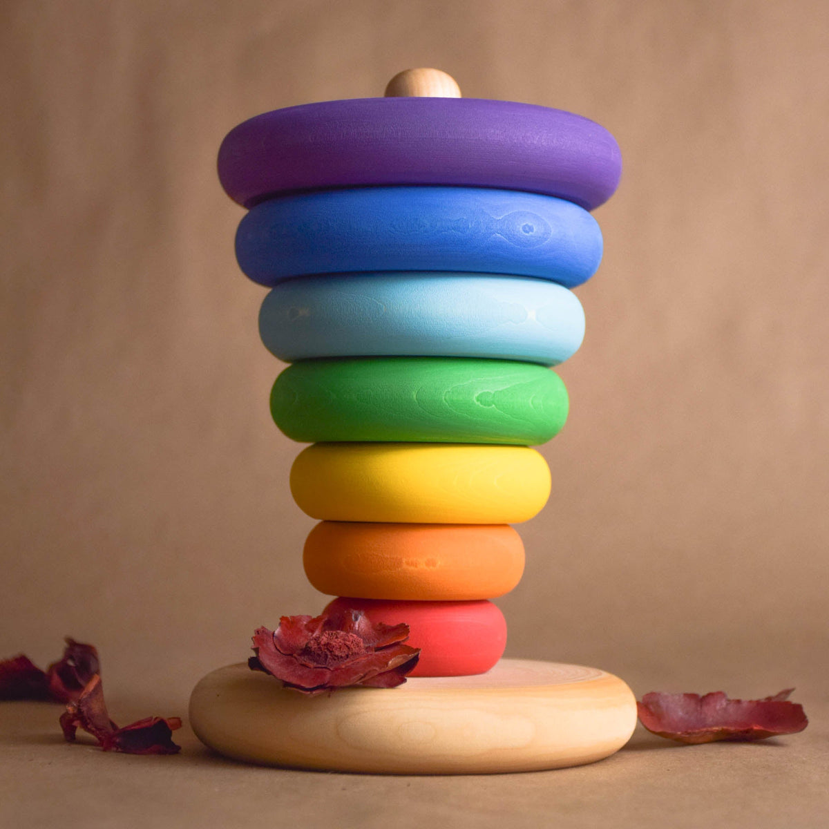 Wooden stacking rings toy with turned rings