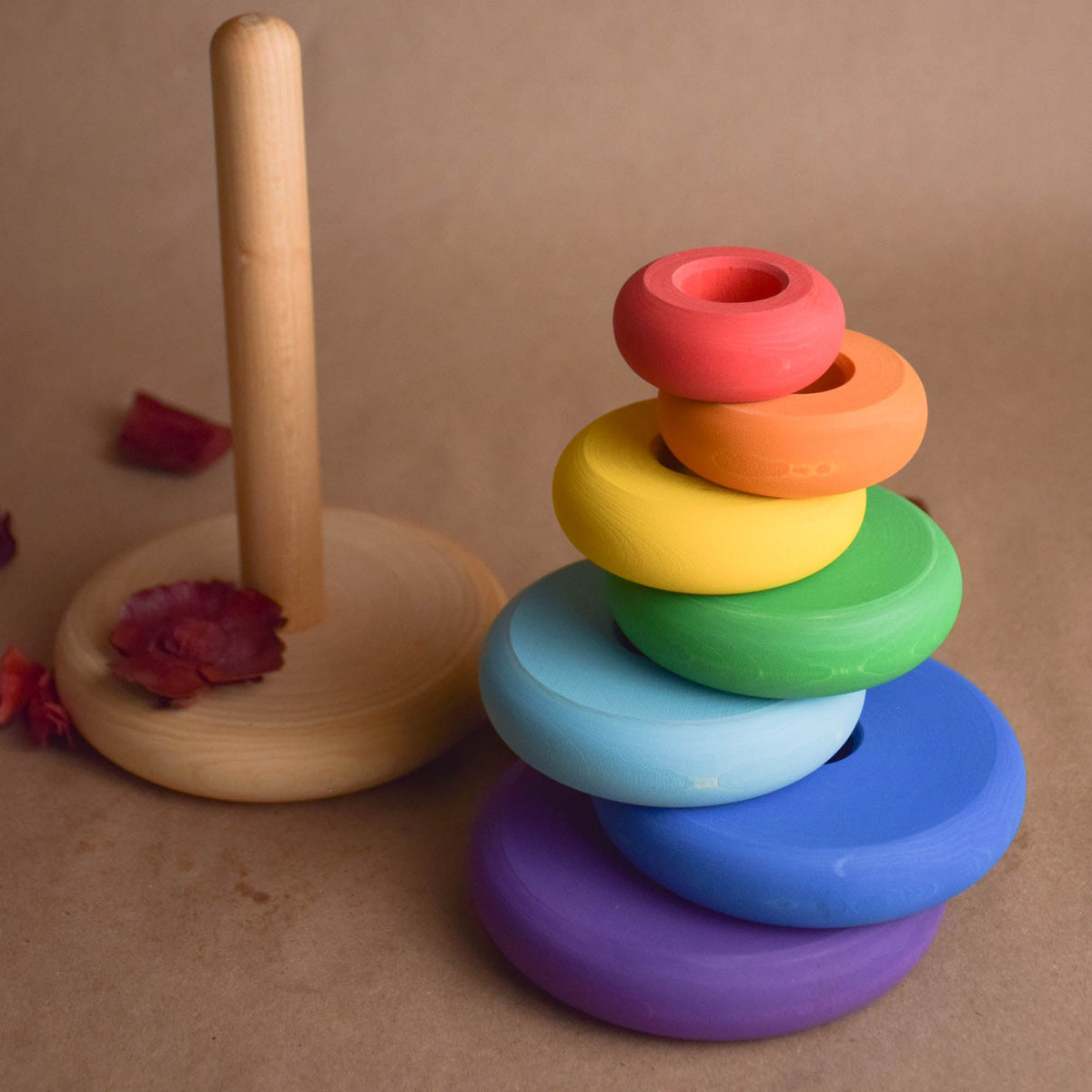Wooden stacking rings toy with turned rings
