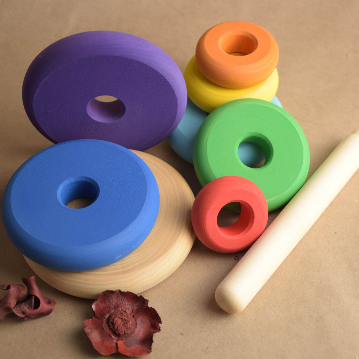 Wooden stacking rings toy with turned rings