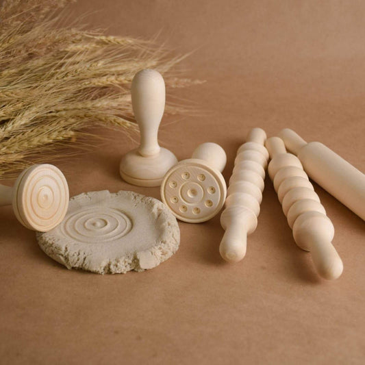 Linden wood rolling pins and stamps for dough crafts