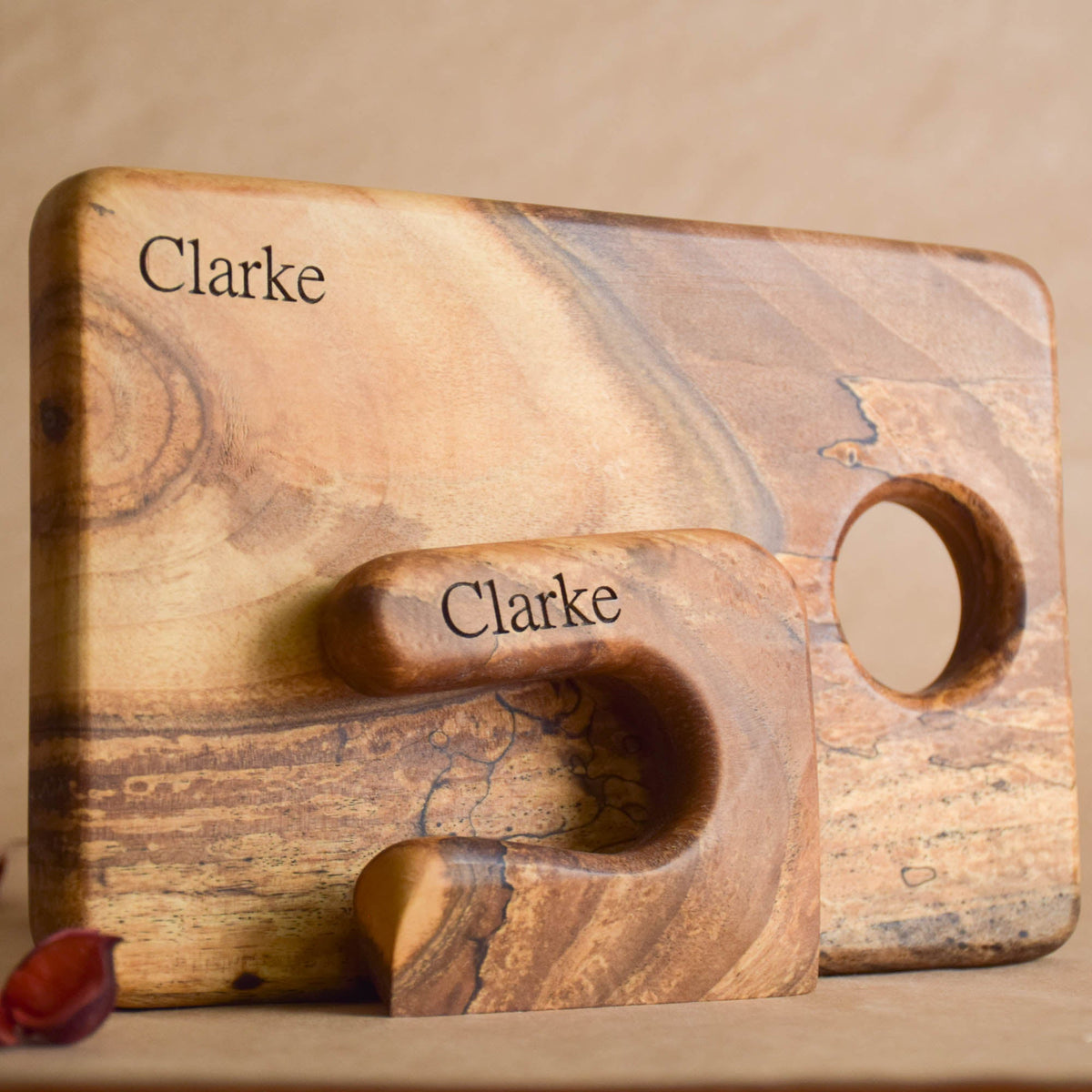 Handmade Montessori knife and cutting board set in solid walnut wood with a natural oil finish
