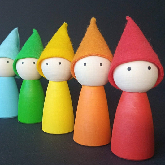 Rainbow wooden peg dolls with felt hats