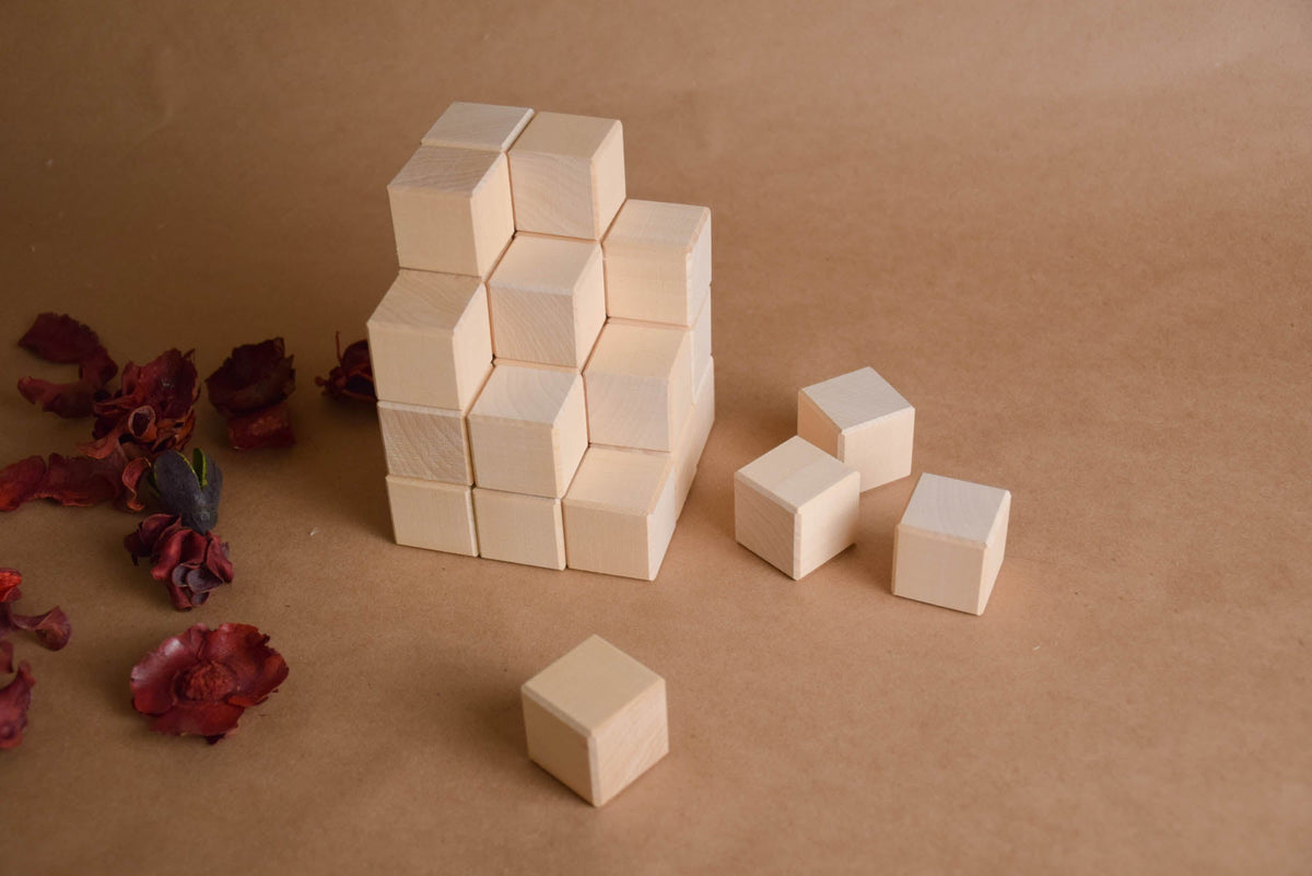 Wooden Blocks Set 1.2 in / 3 cm - 30 pcs featuring natural-toned counting wooden pieces for stacking, arranging, and building.