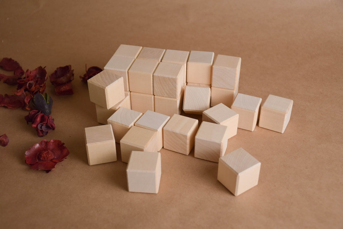 Wooden Blocks Set 1.2 in / 3 cm - 30 pcs wooden toy shown for open-ended building and imaginative play.