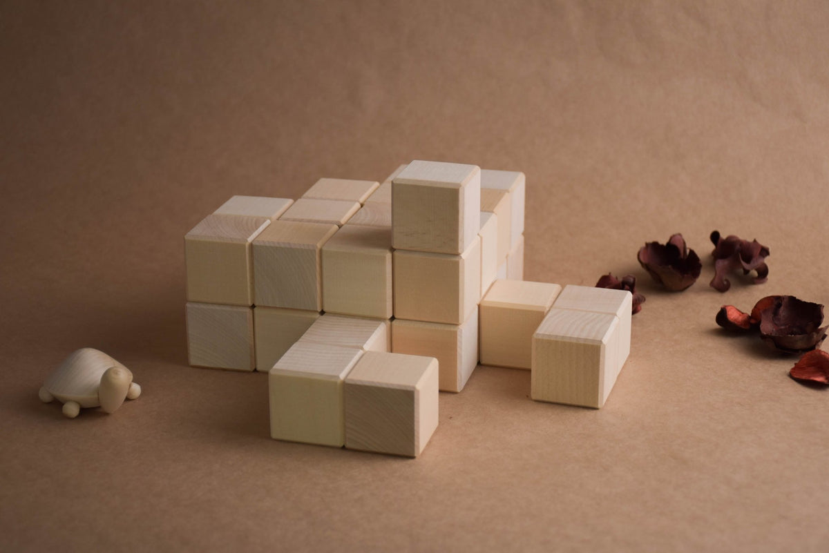 Wooden Blocks Set 1.4 in / 3.5 cm - 40 pcs wooden toy shown for open-ended building and imaginative play.