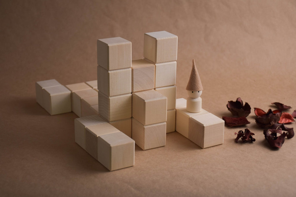 Wooden Blocks Set 1.4 in / 3.5 cm - 40 pcs featuring natural-toned counting wooden pieces for stacking, arranging, and building.