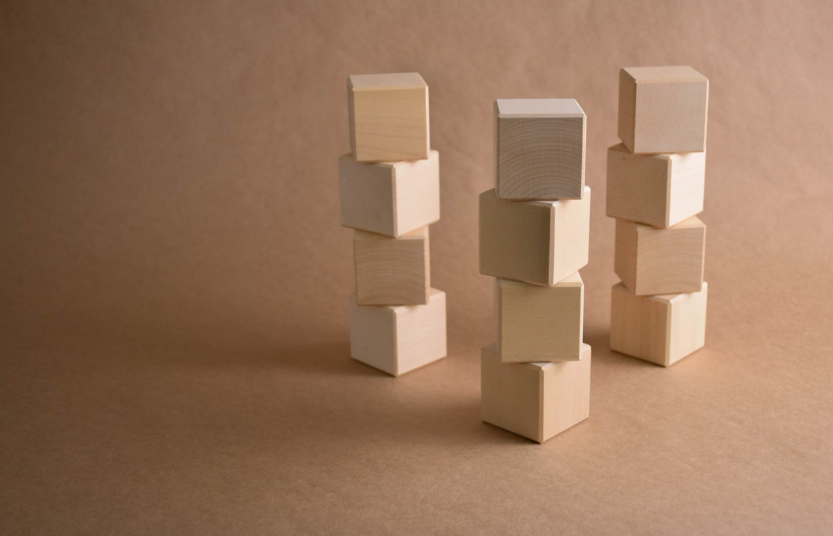 Wooden Blocks Set 1.9 in / 5 cm - 18 pcs wooden toy shown for open-ended building and imaginative play.