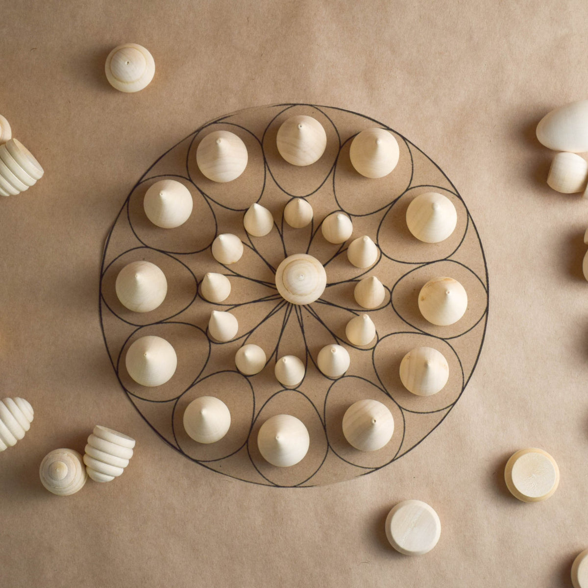 Wooden pieces for mandala patterns